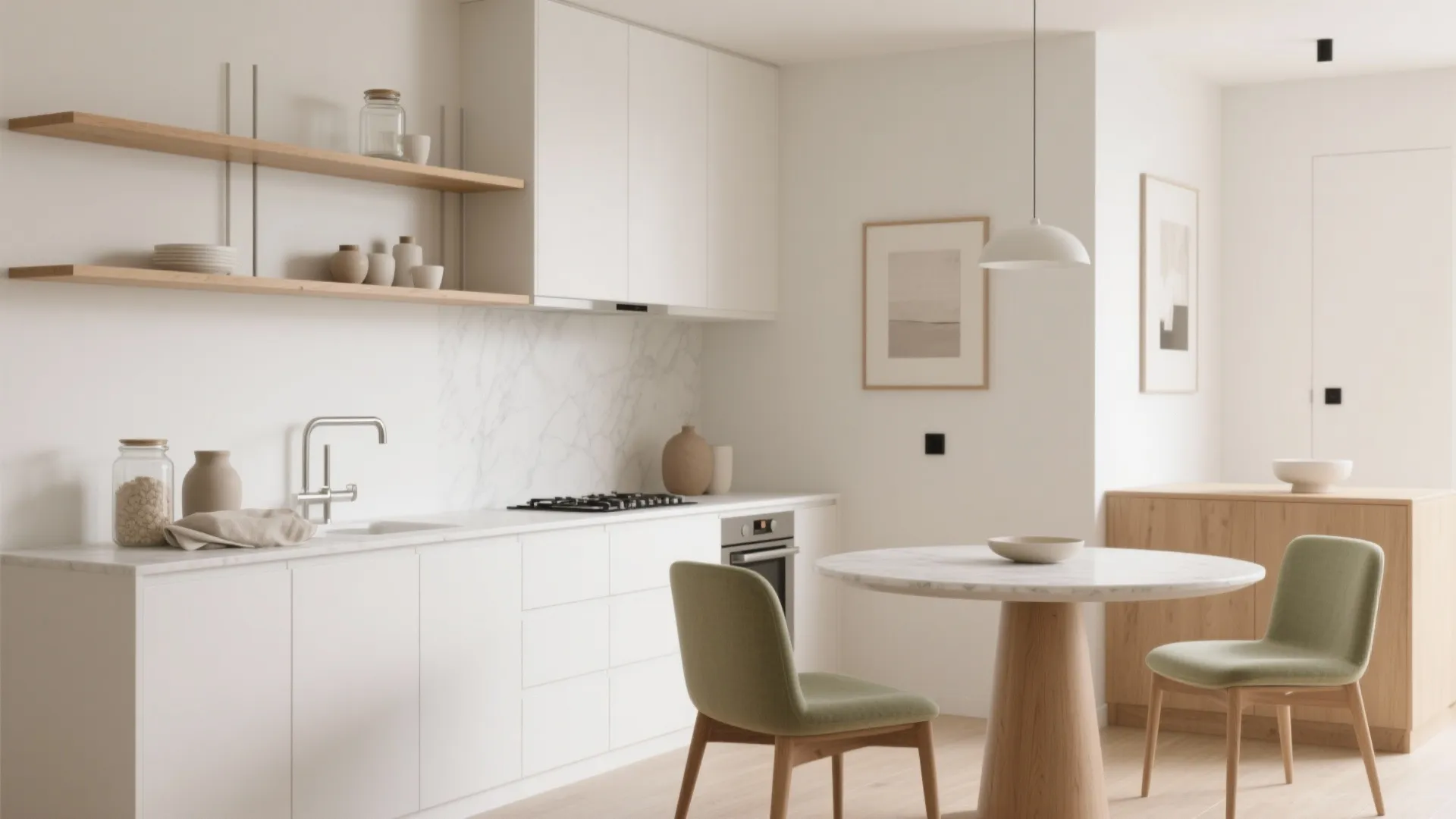 Minimalist storage that flows into the dining zone