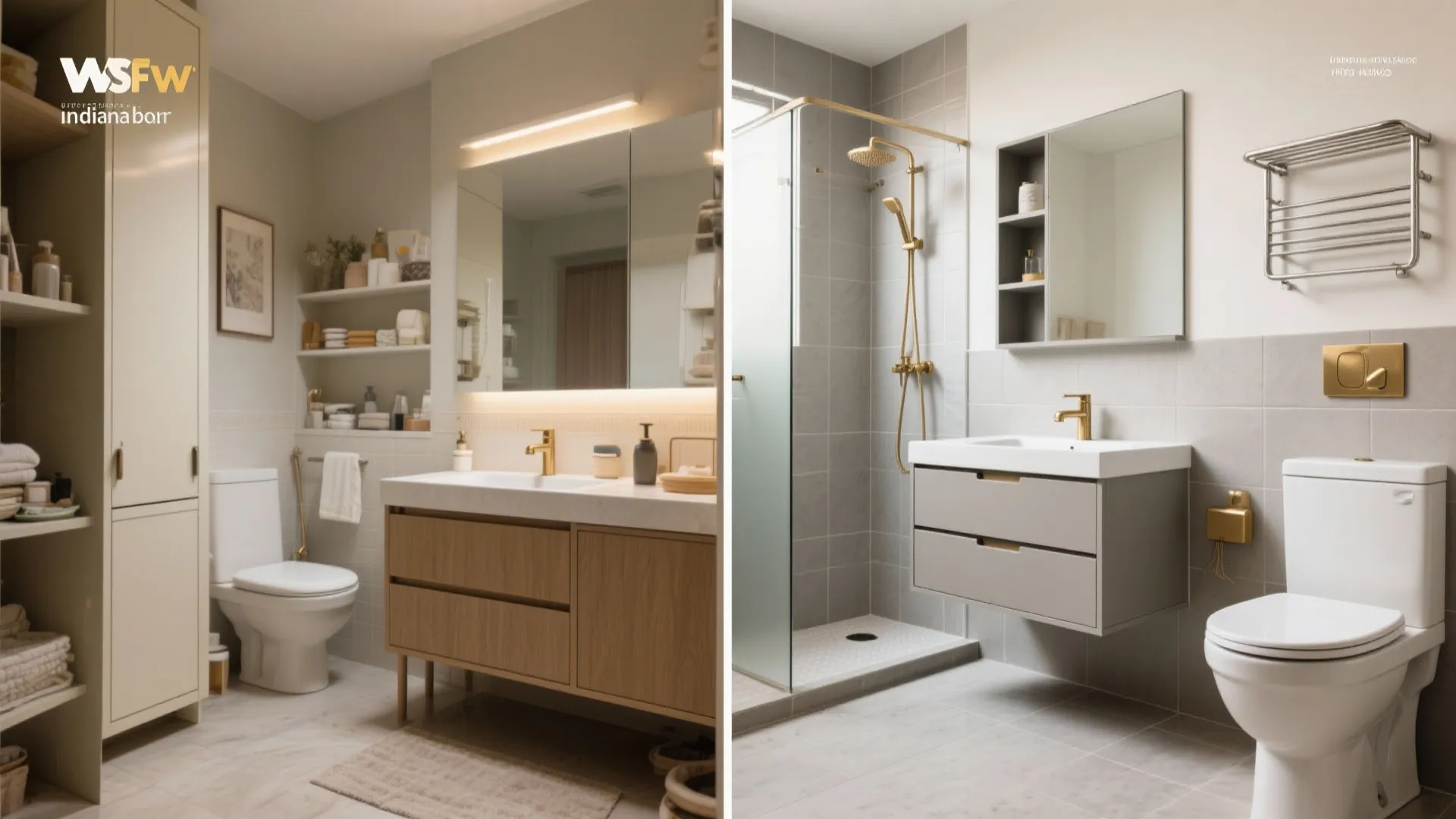 Side by side comparison of two modern bathrooms with toilets sinks cabinets and light tiles