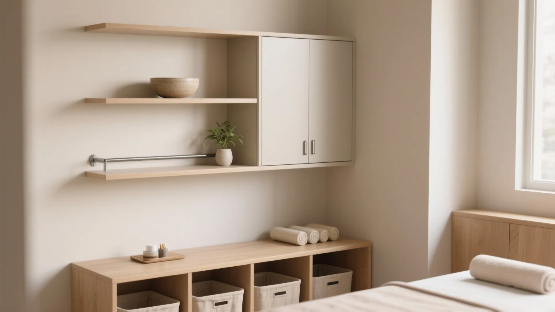 Minimalist room featuring wooden wall shelves a white cabinet storage baskets and soft neutral wall colors