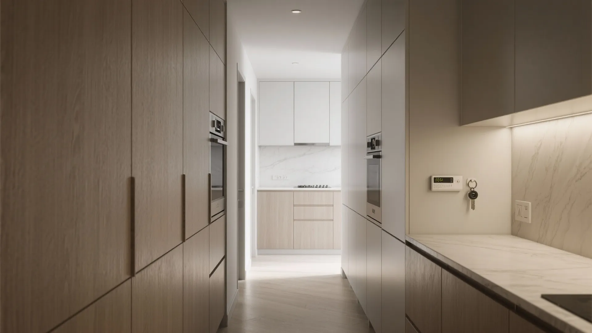 Minimalist narrow kitchen layout featuring wood cabinets white walls marble counters and built in oven