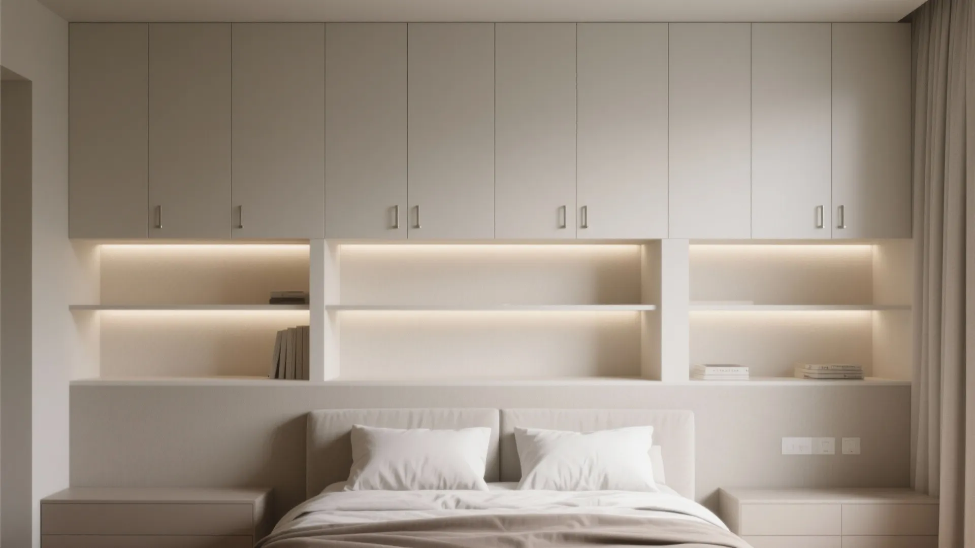 Minimalist bedroom with built in wall cabinet units and open shelves featuring integrated warm lighting