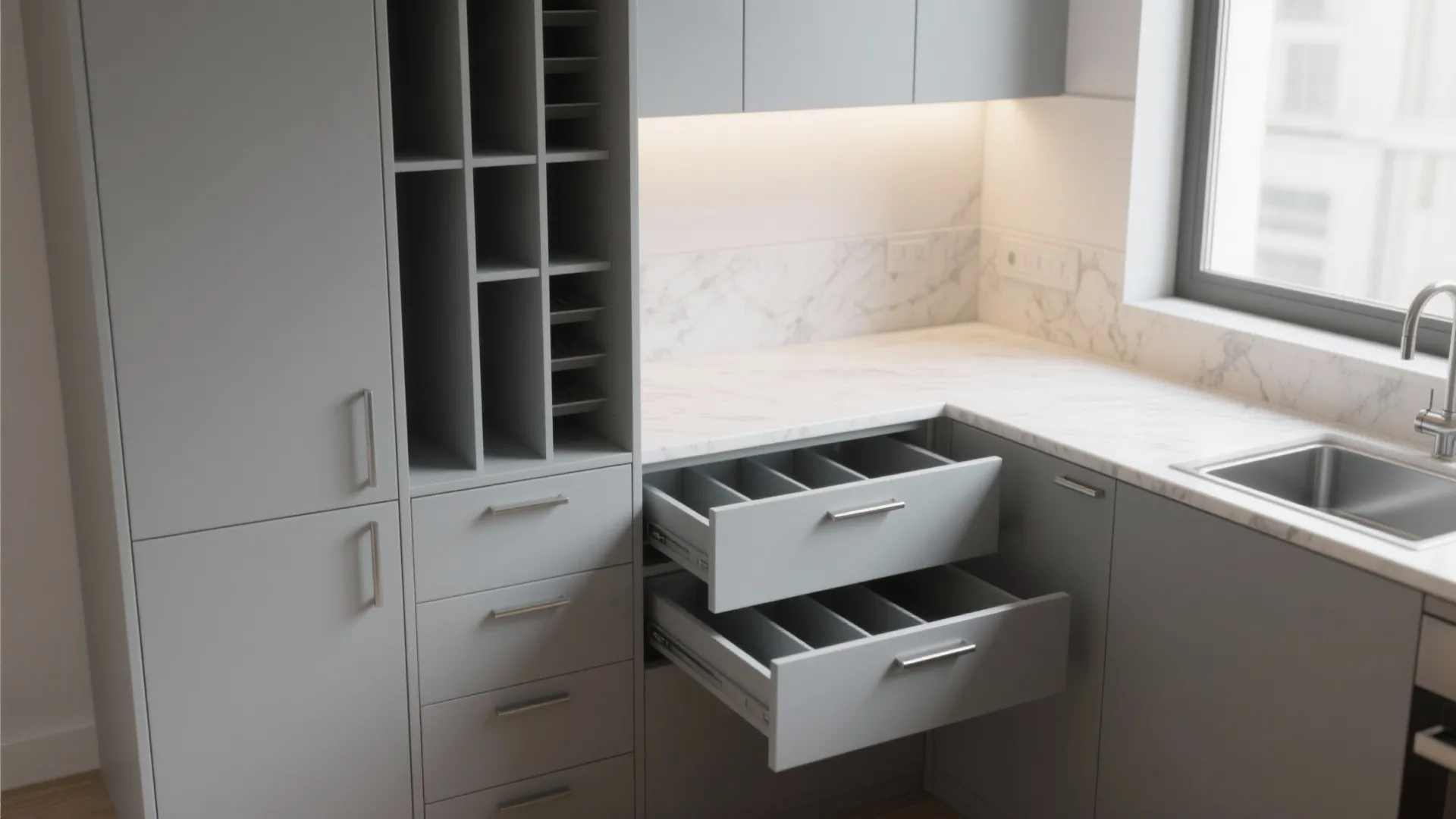 Grey kitchen cabinets with open drawers showing storage organizers near a marble countertop and sink
