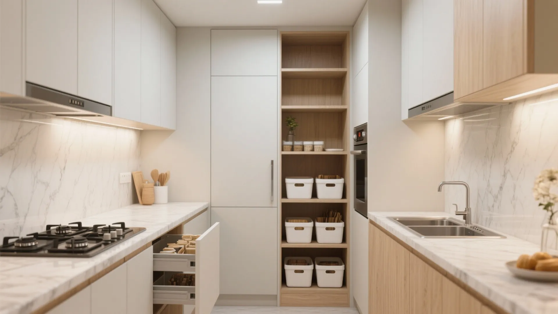 Minimalist kitchen storage with concealed lines