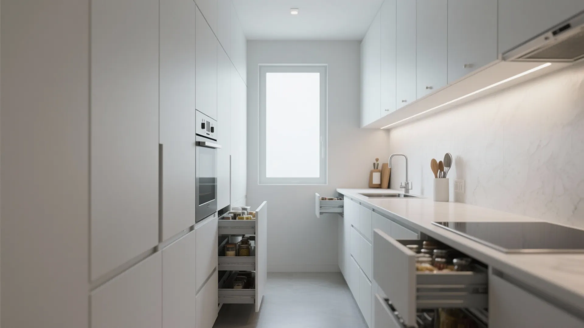 Minimalist white kitchen with tall cabinets and open drawers showing organized spice jars and jars