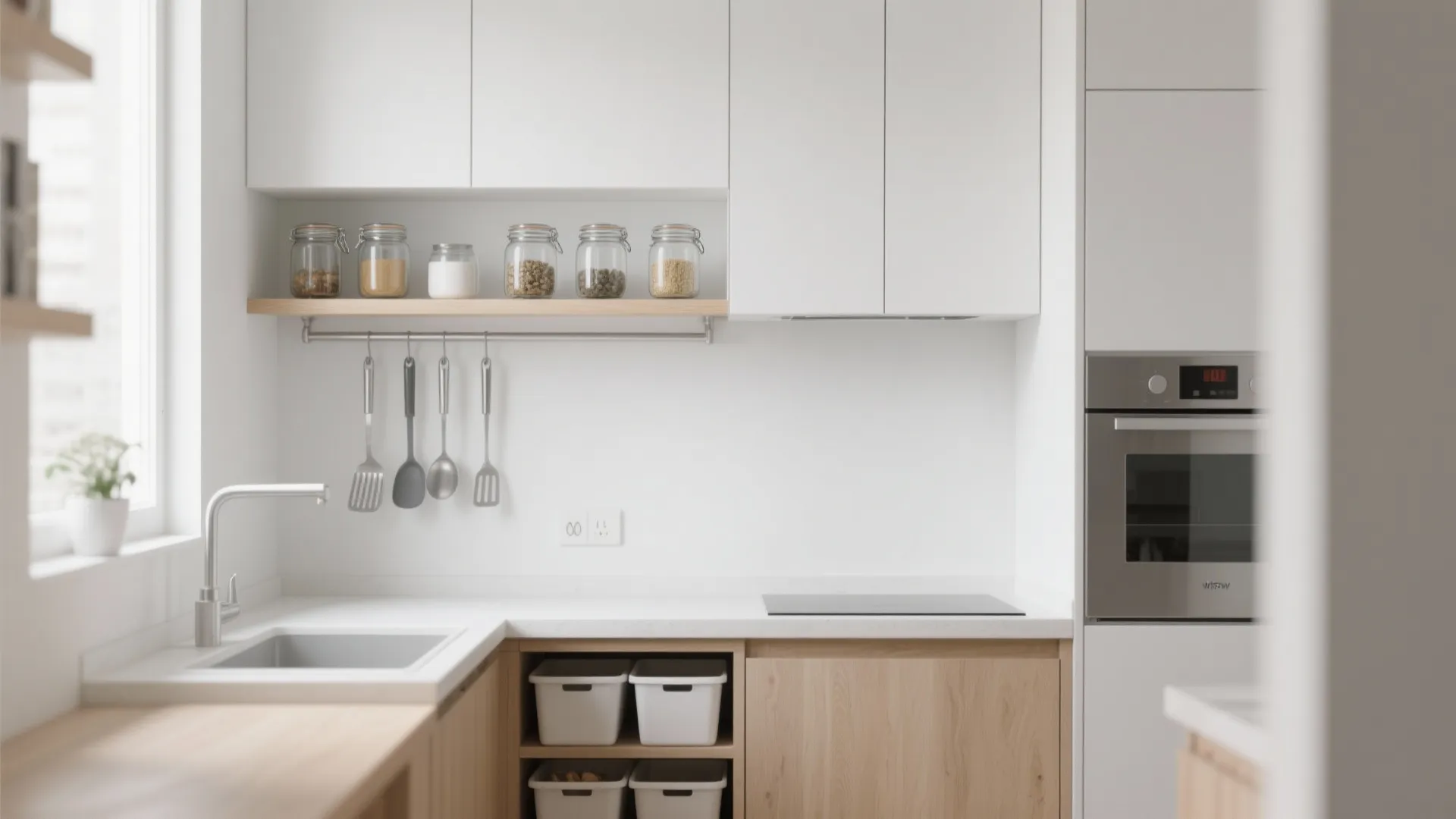 Minimalist white kitchen with wooden cabinets and open shelves holding glass jars for food storage