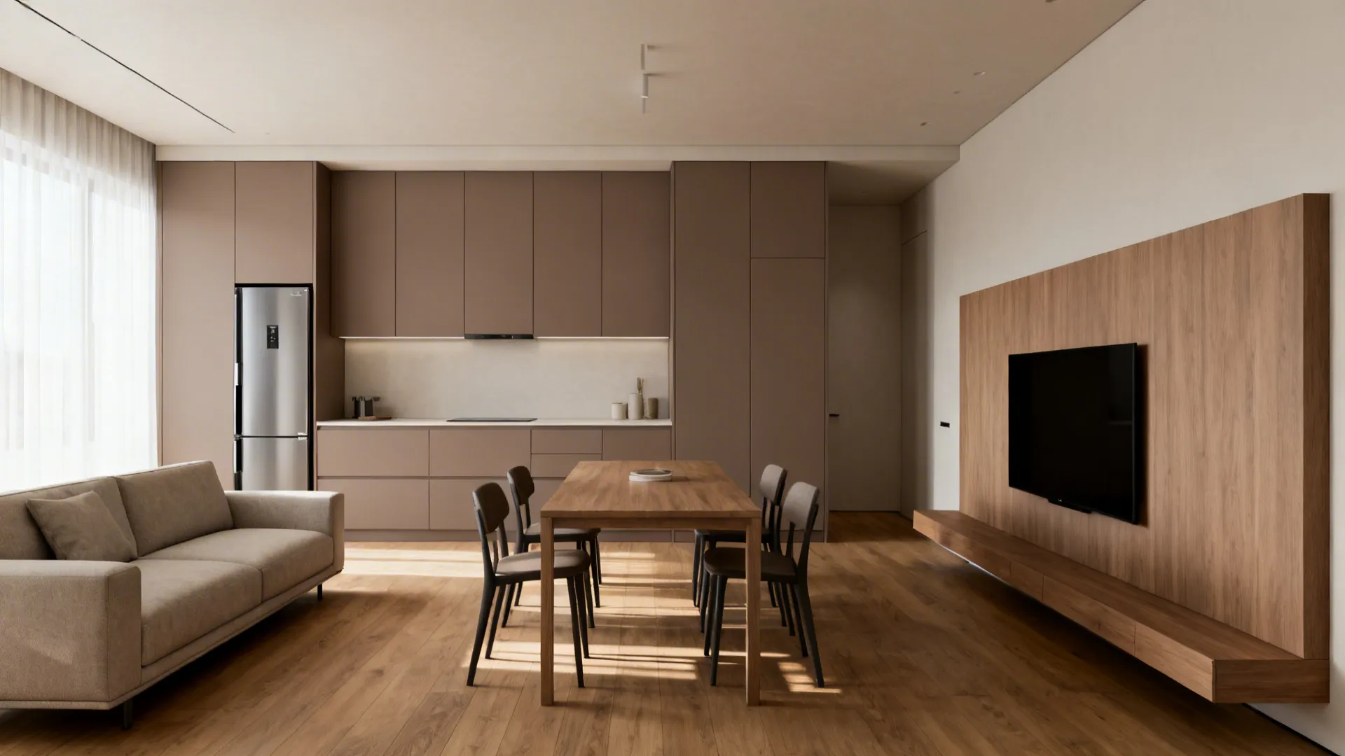 Modern open plan room with brown cabinets wooden dining table sofa and wall mounted television