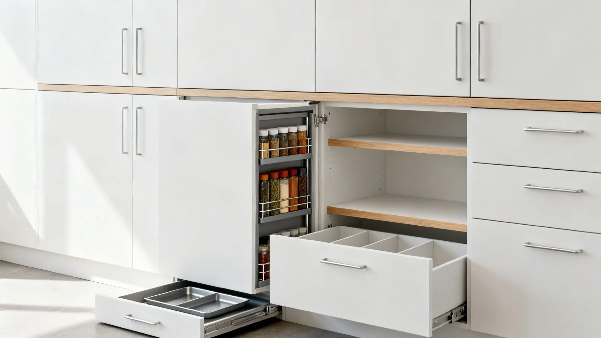 Detail of full-height matte white cabinets with slim pull-outs and toe-kick drawer.