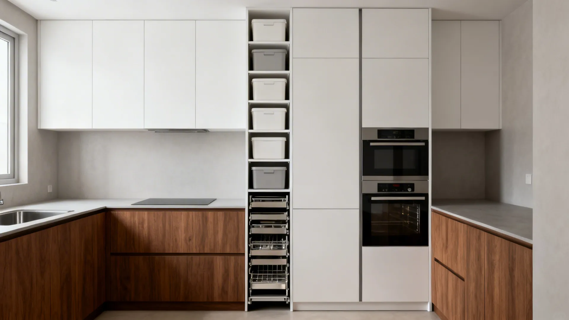Minimalist modular kitchen with handleless cabinets, tall larder, and slim pull-outs in warm wood and white.