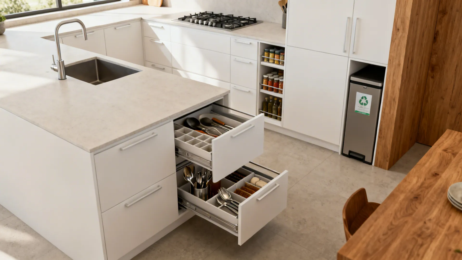 Minimalist L-shaped kitchen with clear counters and organized pull-out drawers.
