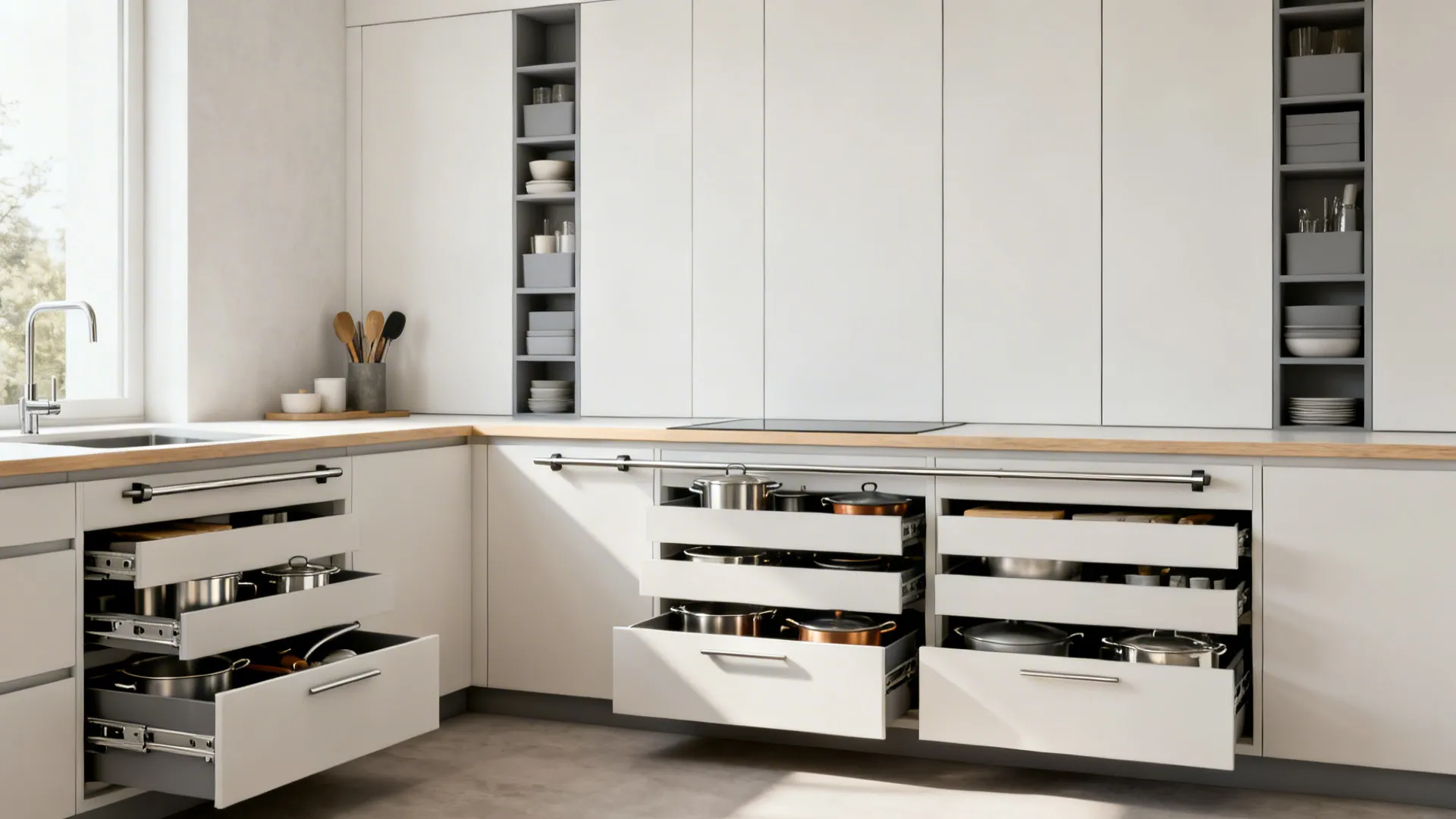Streamlined full-height cabinets with deep drawers and a slim rail in a small kitchen.
