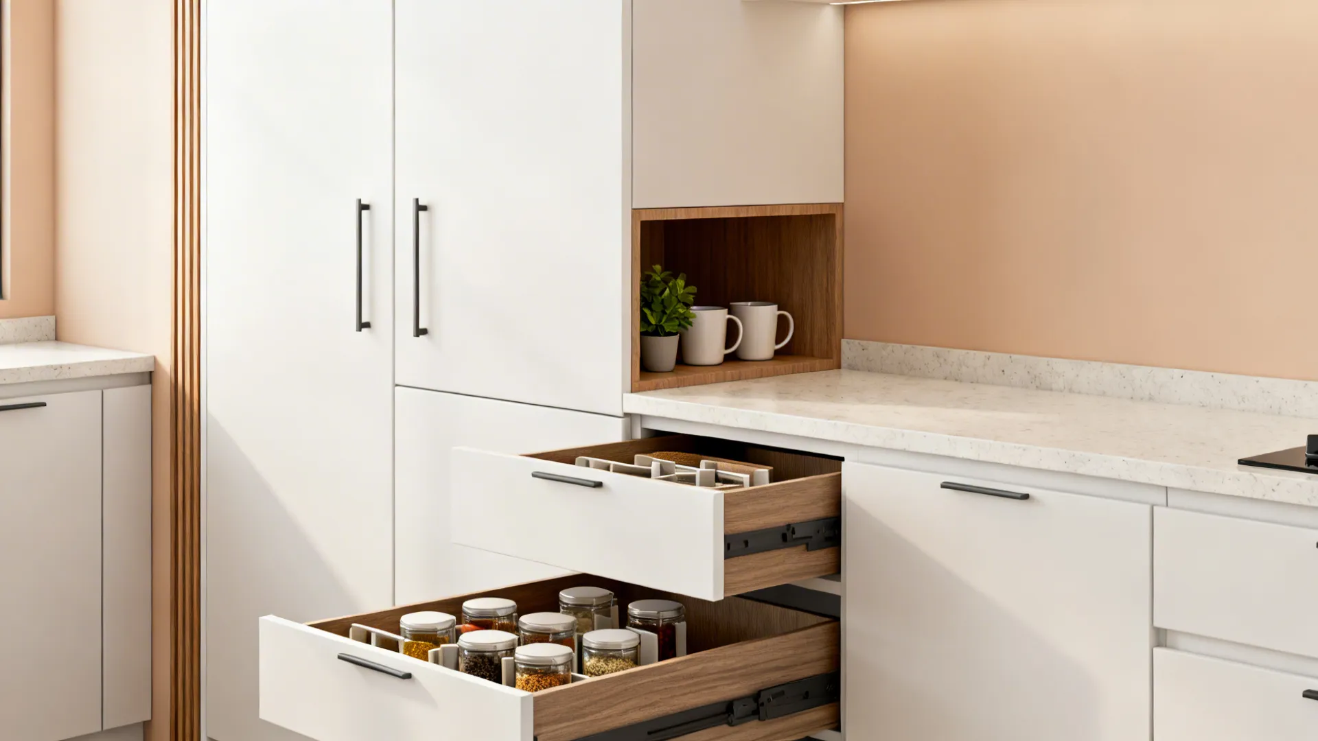 Minimalist Indian kitchen with full-height cabinets and deep drawers organized for spices and staples.