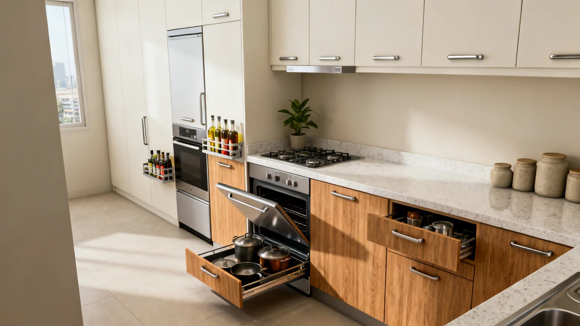 Full-height minimalist cabinets with slim pull-outs and deep drawers in a compact HDB kitchen.