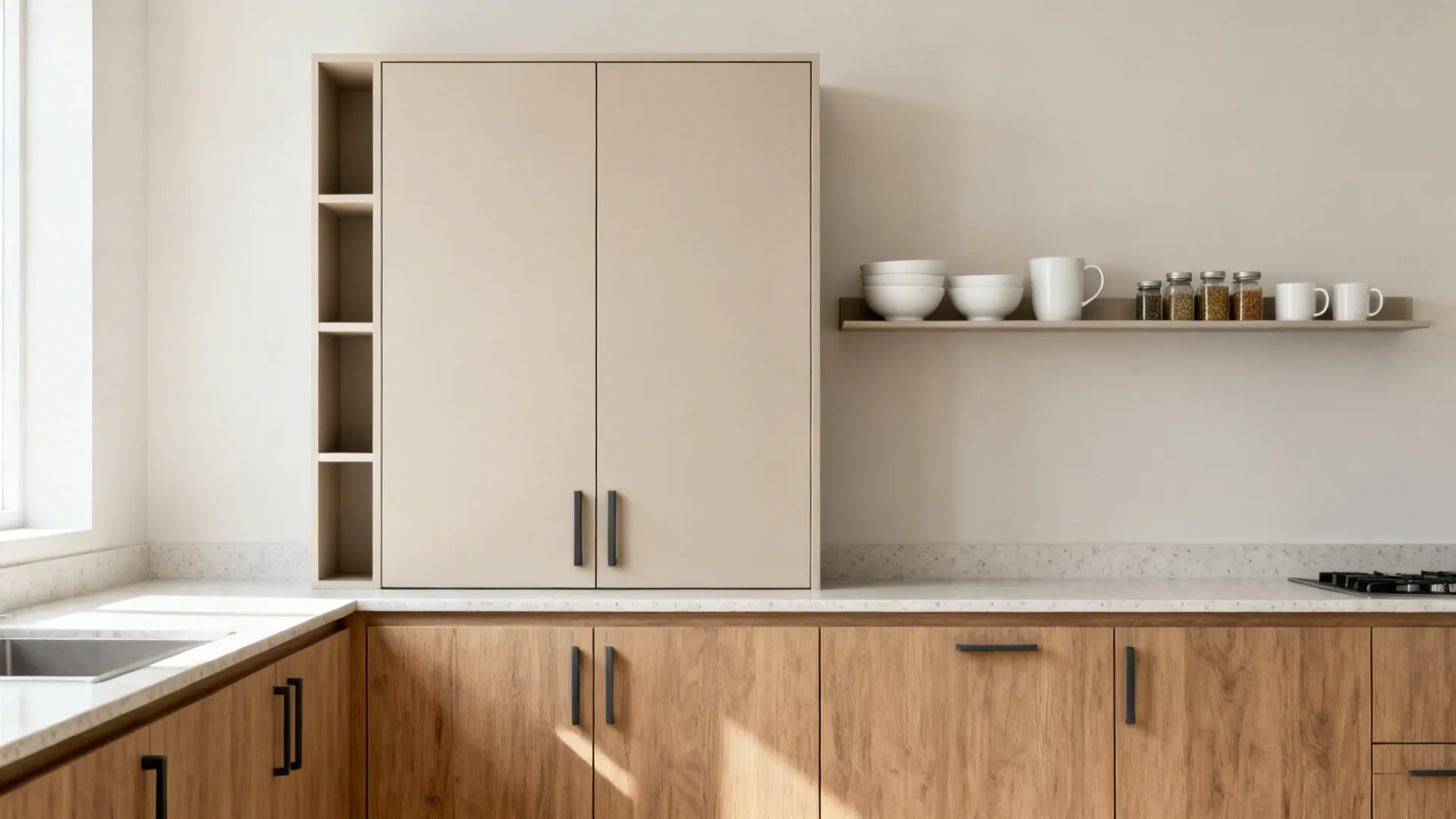 Modern kitchen featuring wood cabinets beige cabinets white countertop and a wall shelf for storage