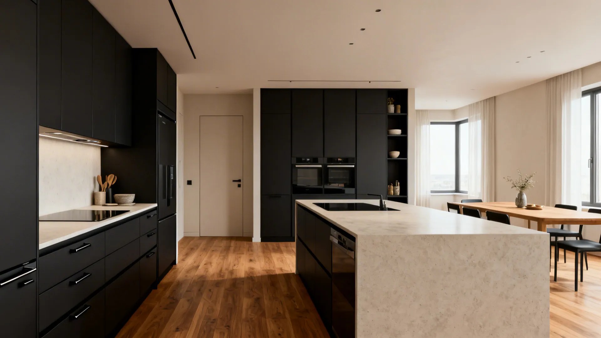 Modern black kitchen cabinets with large white island wooden floor dining table and natural light