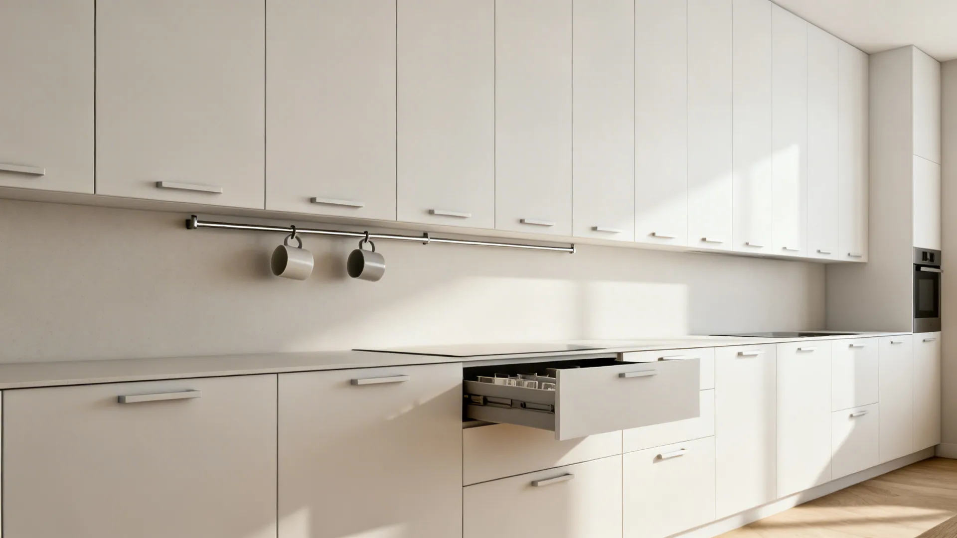 Minimalist kitchen storage with flat-panel cabinets, single mug rail, and concealed organizers.