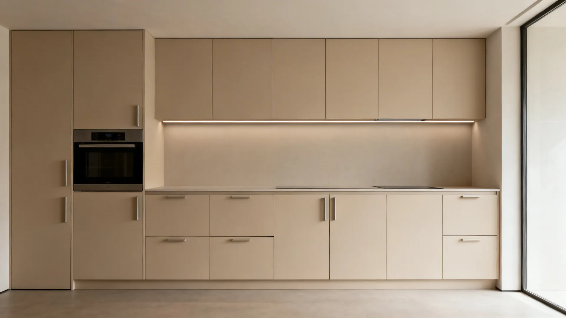 Ceiling-high matte beige flat-front cabinetry blending with walls in a minimalist studio kitchen.