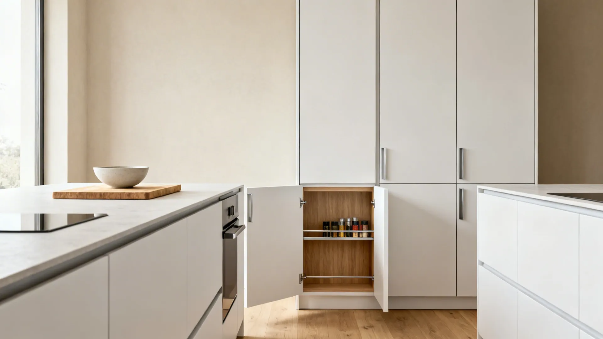 Minimalist small kitchen with full-height slab cabinets and a calm, uncluttered countertop.