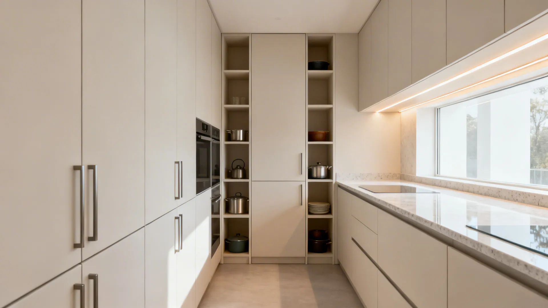 10x7 kitchen with full-height handleless pantry modules and mixed open niches creating a clean, spacious look.