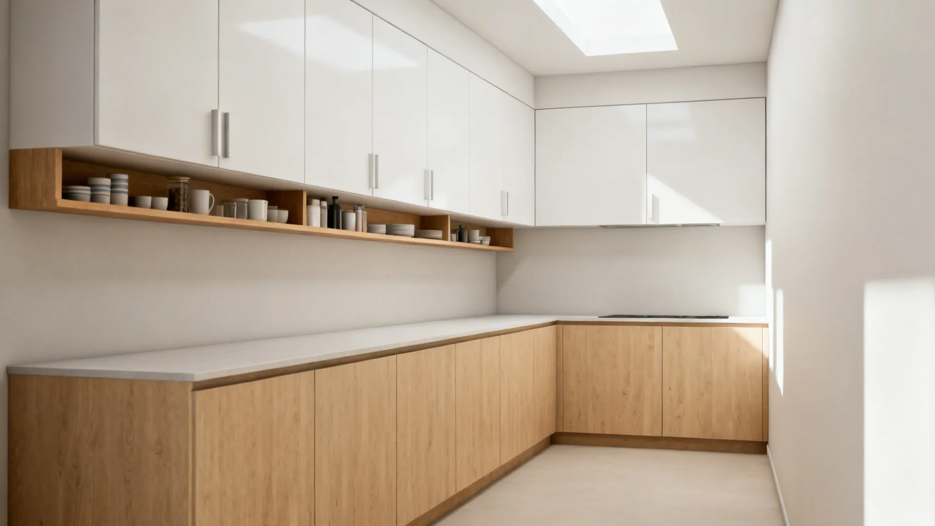 Streamlined 7x12 kitchen with flat-front uppers and a slim open shelf for a tidy, airy look.