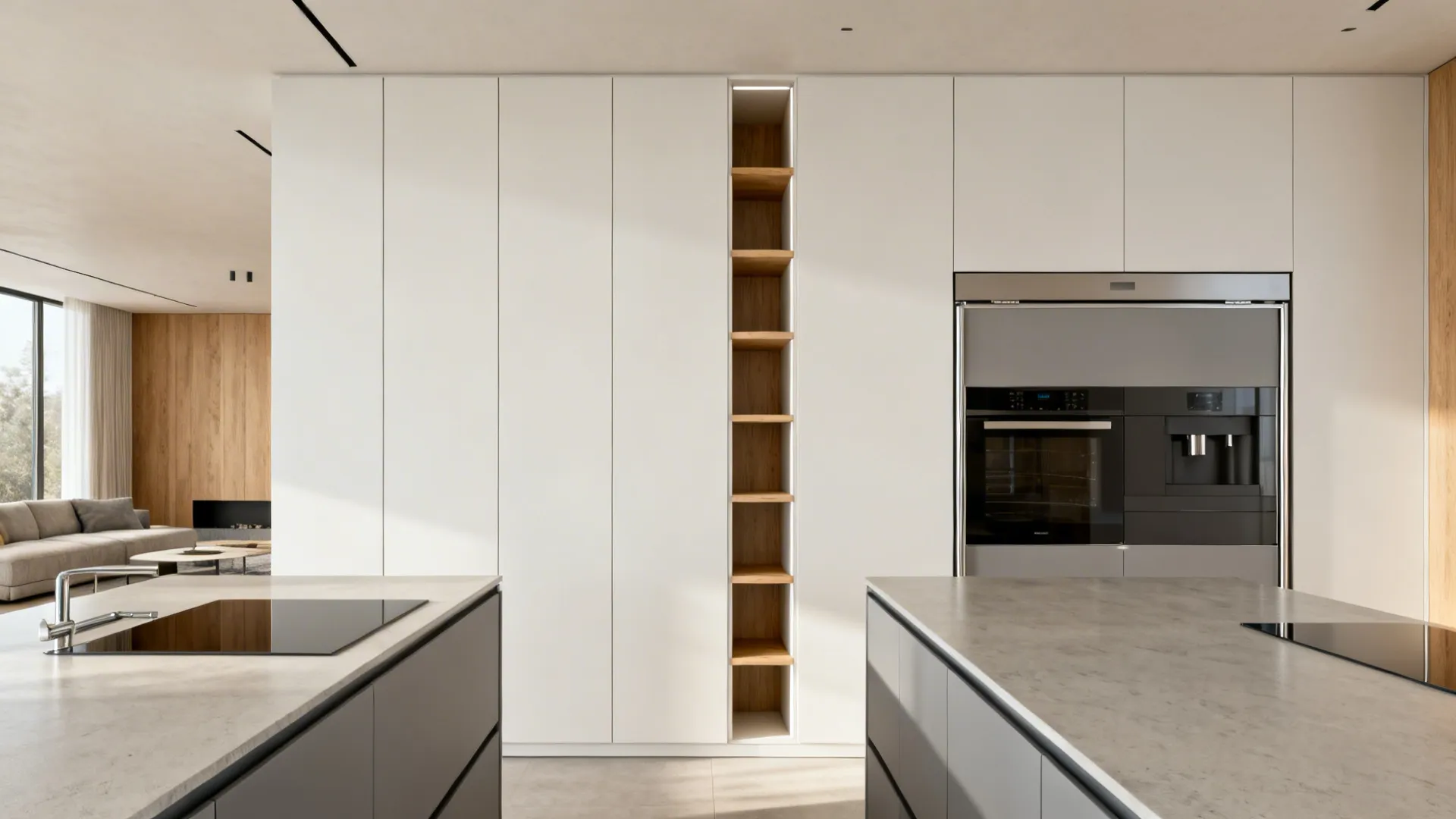 Handleless matte cabinets and tall pull-out pantries create seamless storage in an open kitchen.