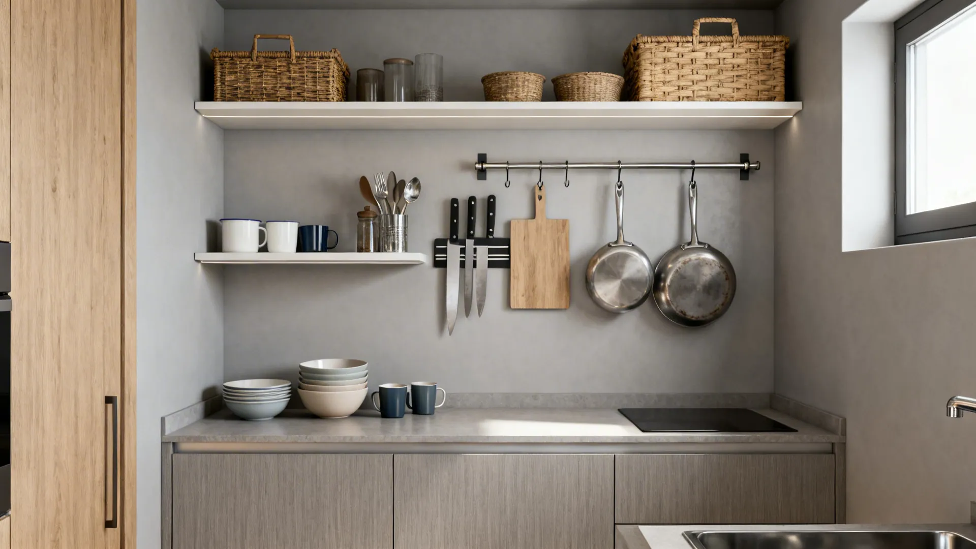 Small kitchen with vertical open shelves, rail, and magnetic knife strip maximizing storage.