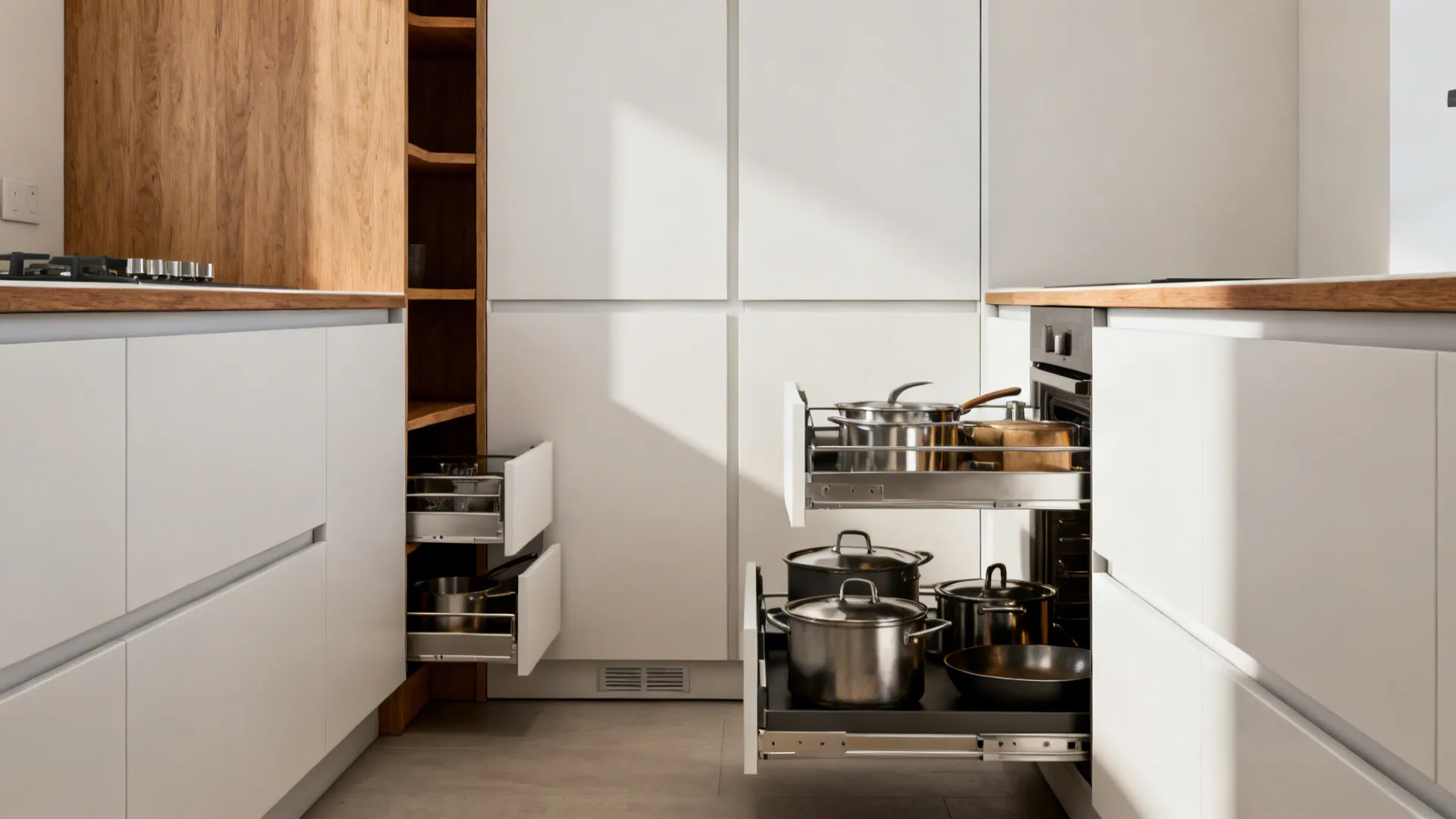 Slim drawer-based base units and a tall pull-out pantry in a clean minimalist small kitchen.