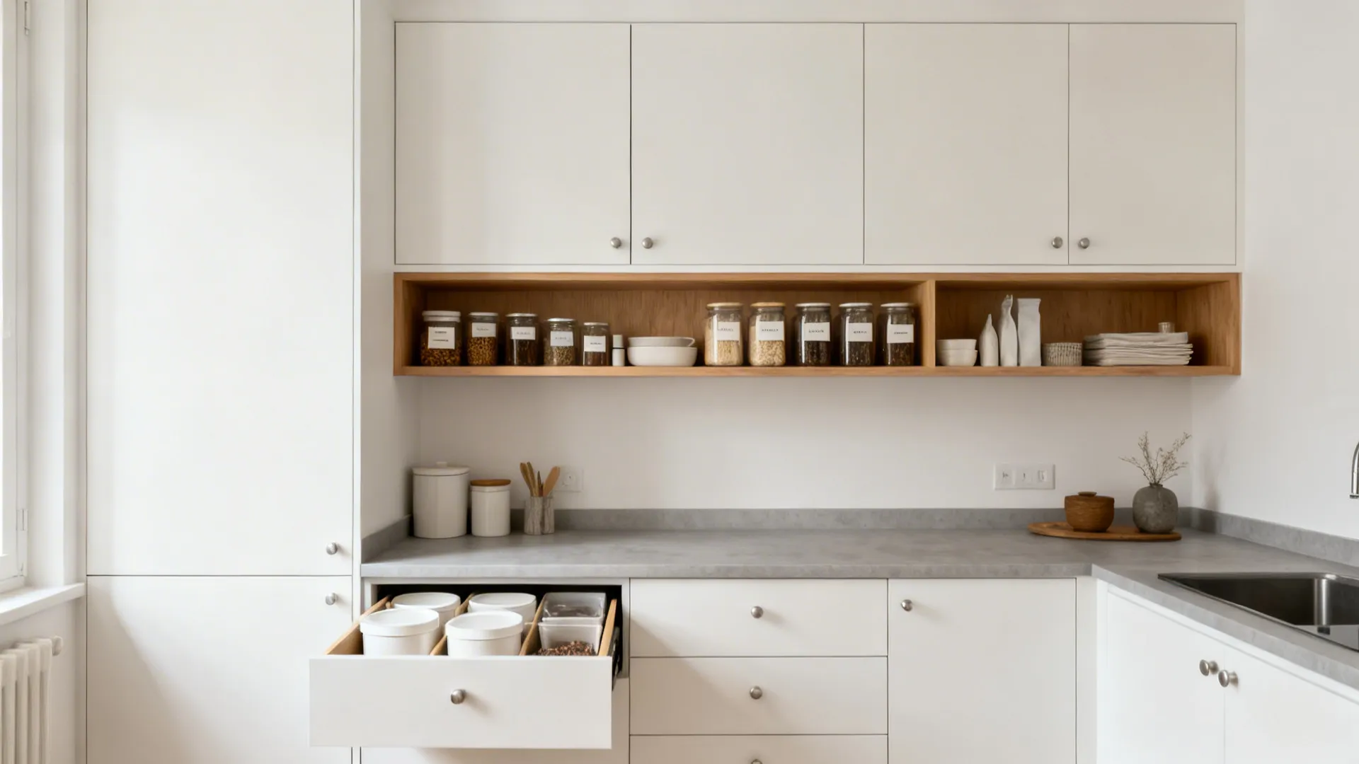 Small kitchen with closed cabinets and a single open wood shelf displaying neatly labeled jars.