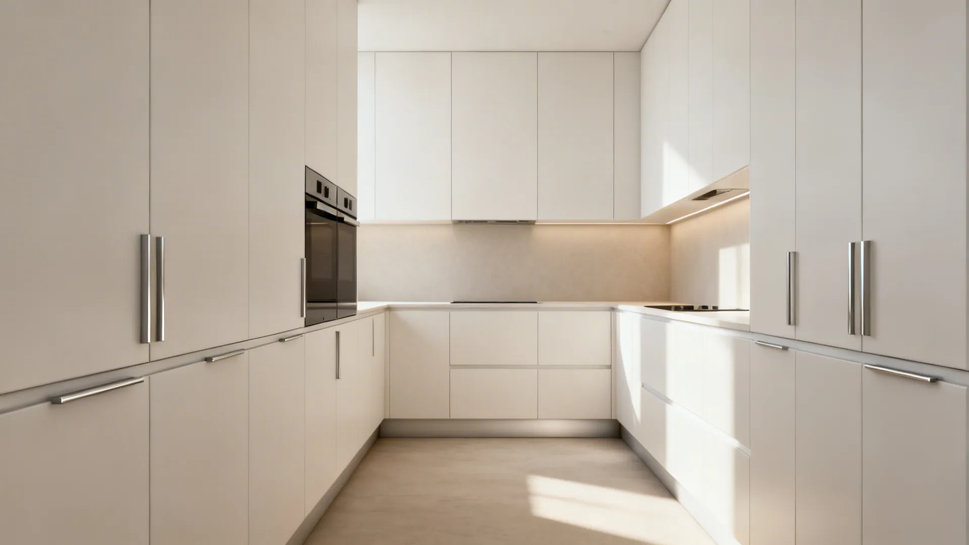 Minimalist small kitchen with matte slab fronts and integrated pulls reducing visual clutter.