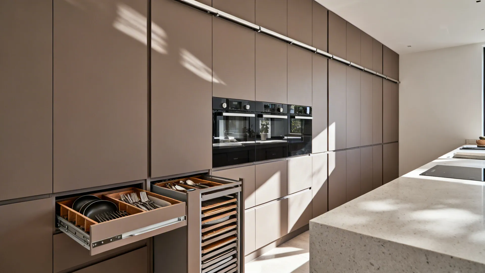 Full-height matte cabinets with organized drawers in a 4x3 kitchen