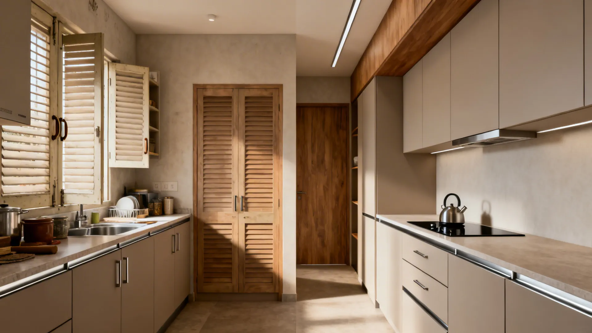 Before-and-after of a tiny kitchen updated to handleless matte cabinets with seamless storage.