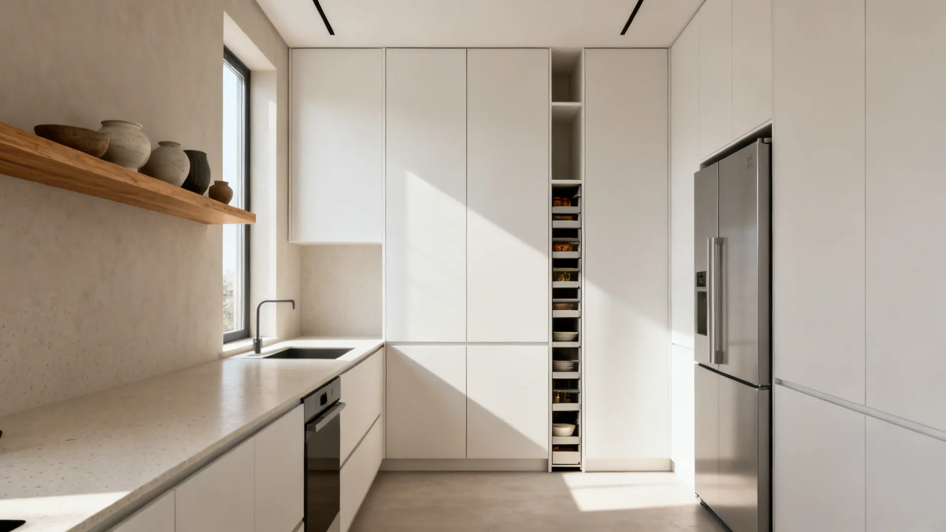 Compact modern kitchen with full-height pantry towers, handleless fronts, and a single open shelf.