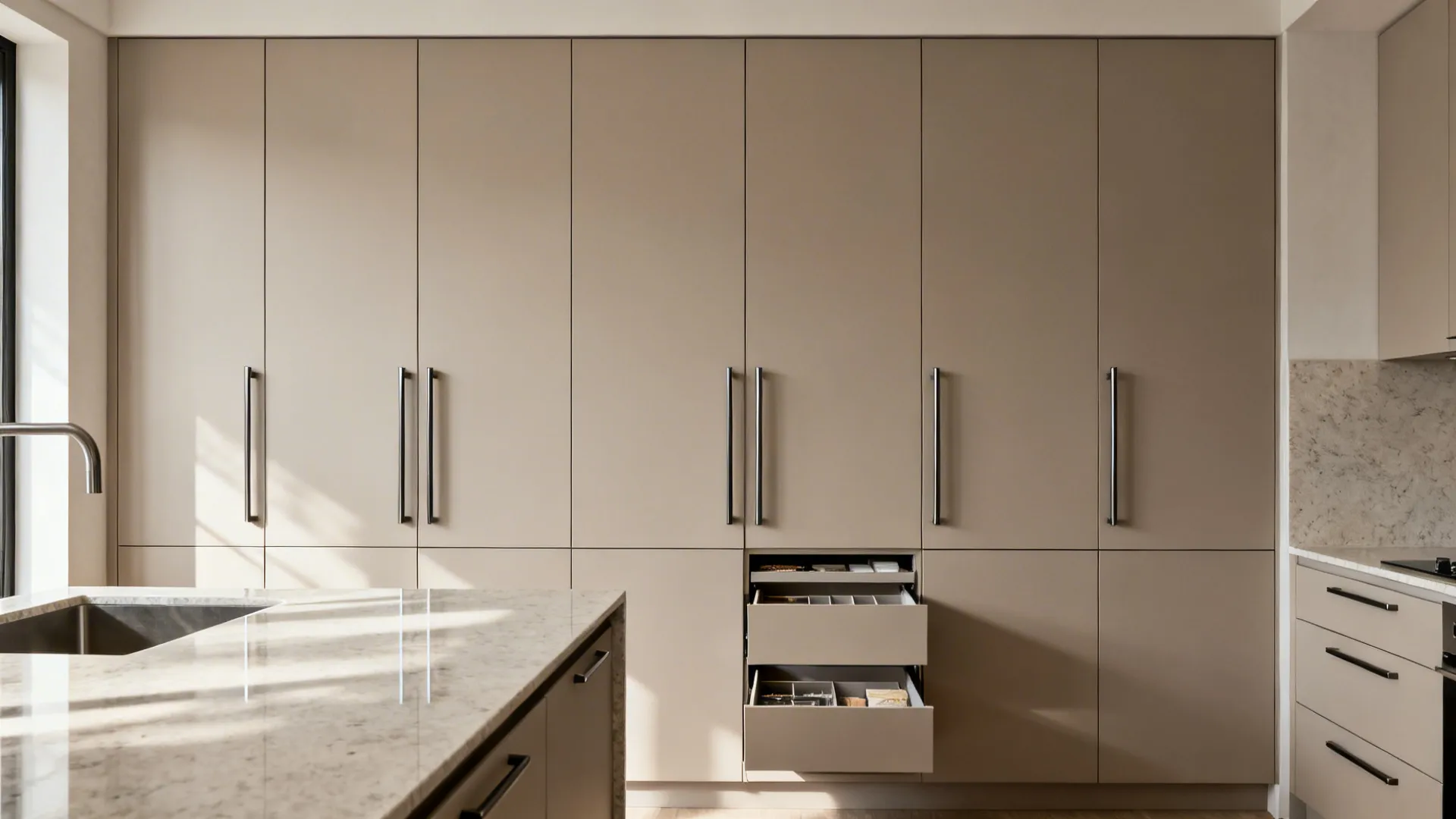 Full-height slab cabinets with integrated pulls and concealed storage in a minimalist kitchen.