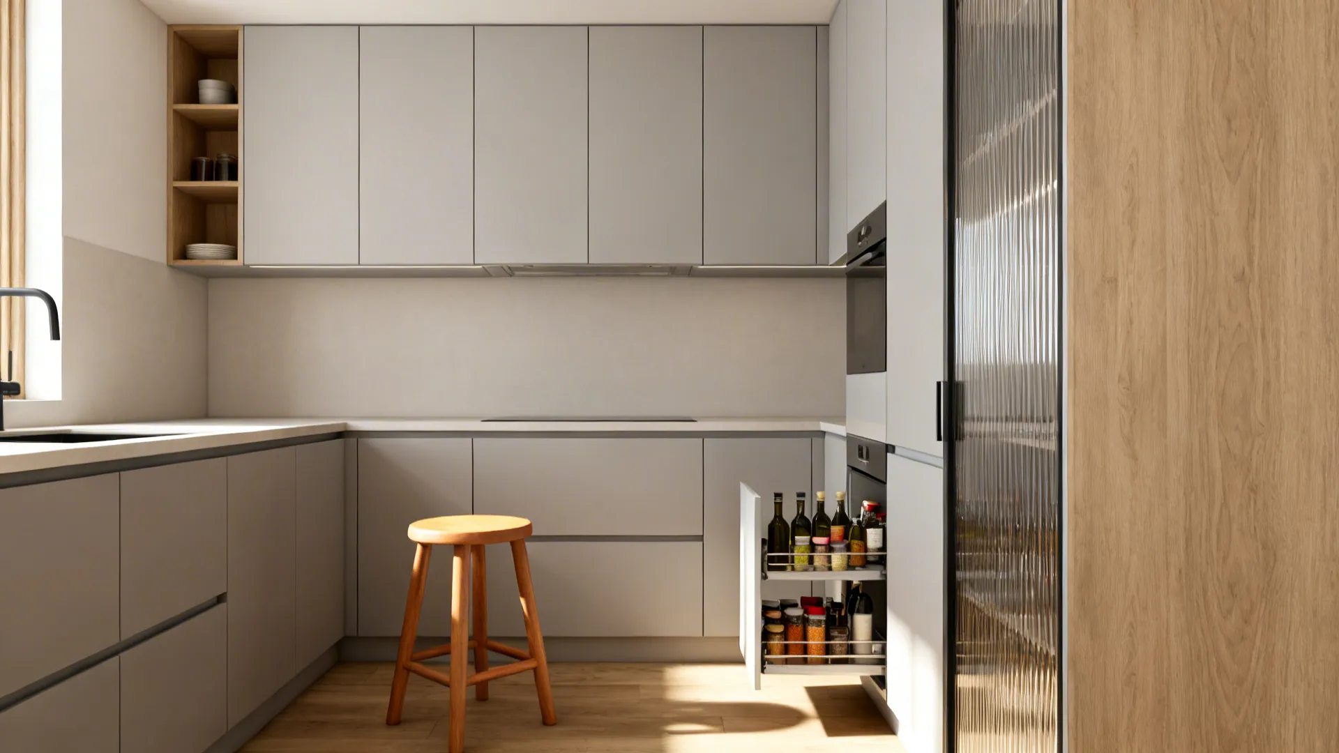 Minimalist small kitchen with matte gray handleless cabinets and a slim pull-out pantry.