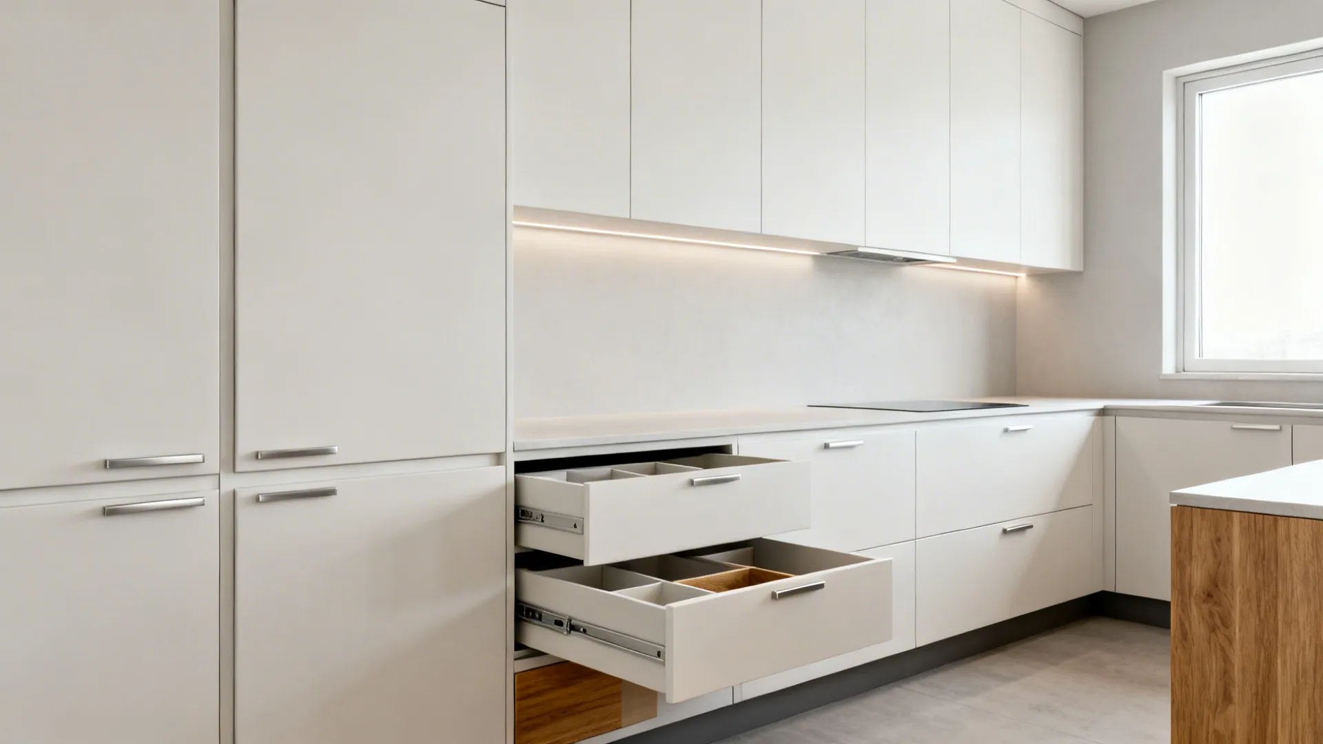 Full-height matte white cabinets with hidden pull-out pantry and deep drawers in a calm, compact kitchen.