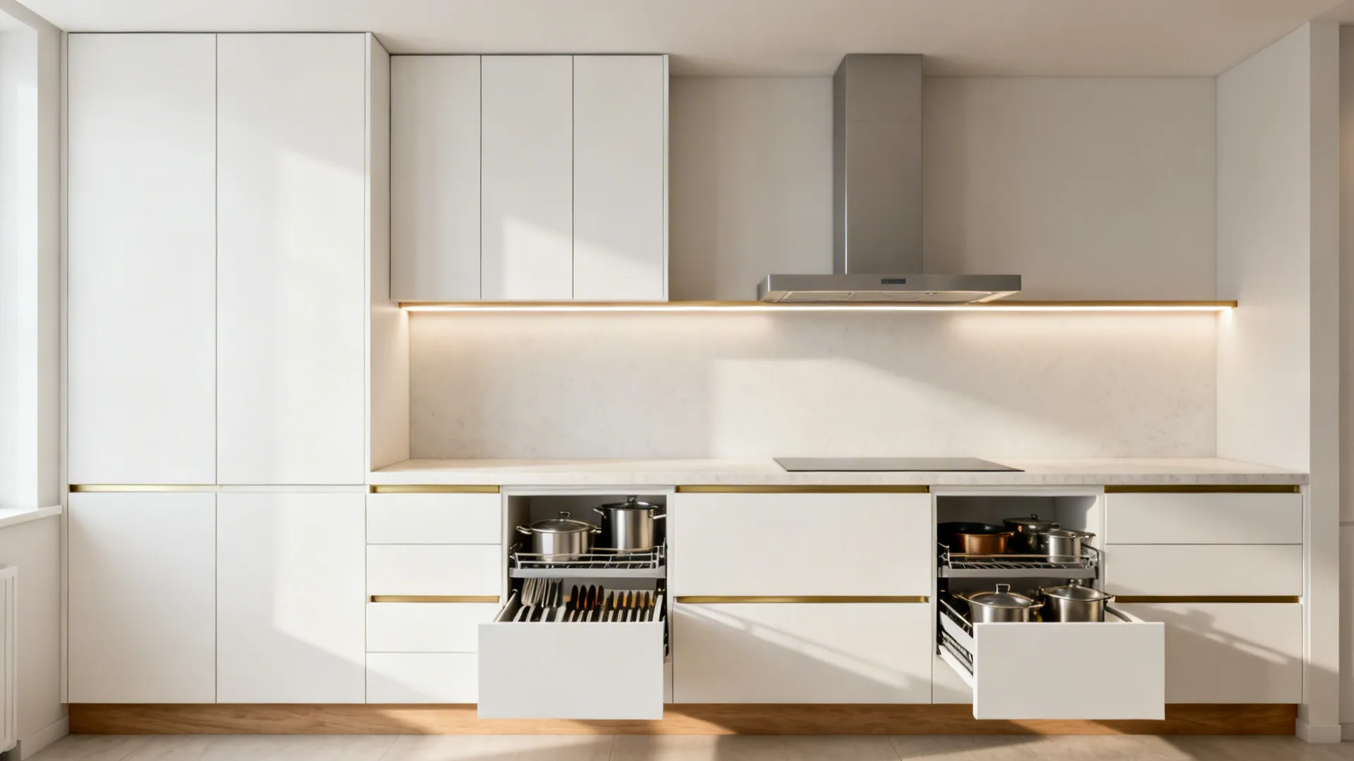 Minimalist kitchen with tall pantries, matte white handleless drawers, and warm under-cabinet lighting.