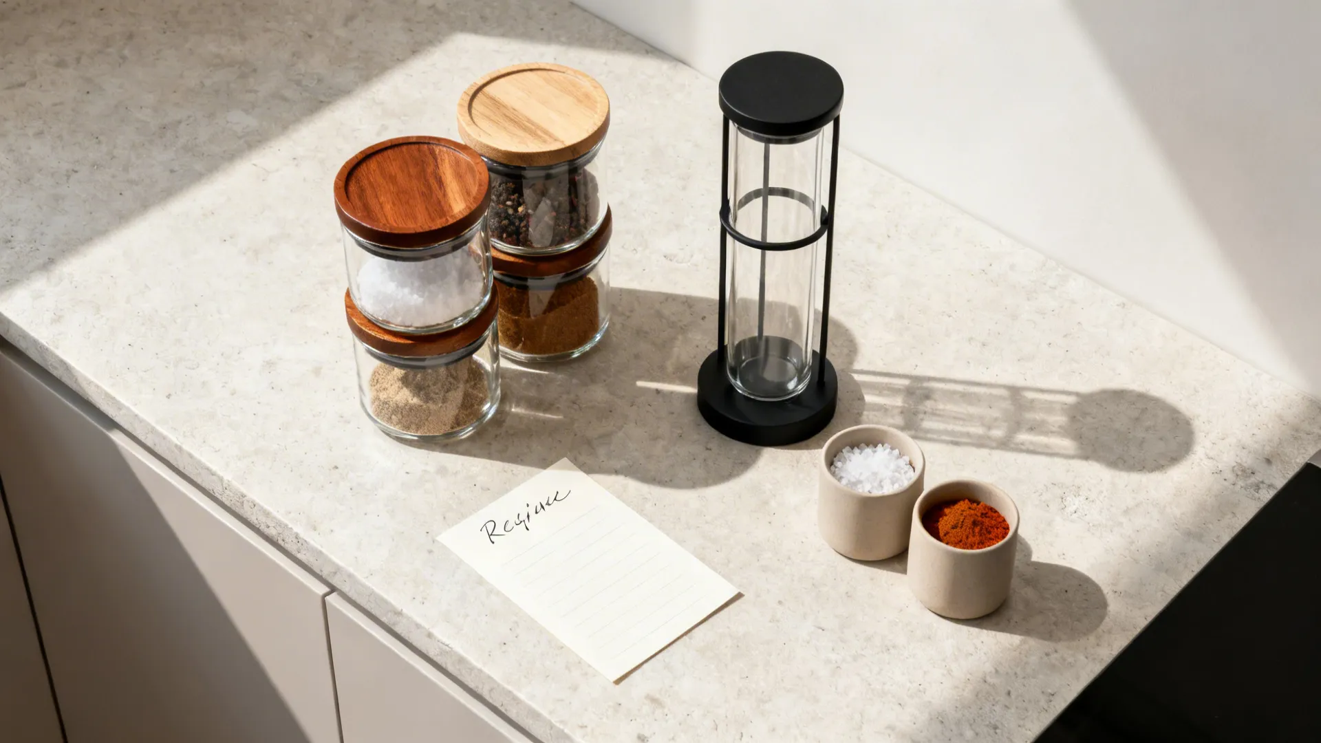 Flatlay of stackable glass canisters, a slim spice riser, and pantry staples on a light counter.