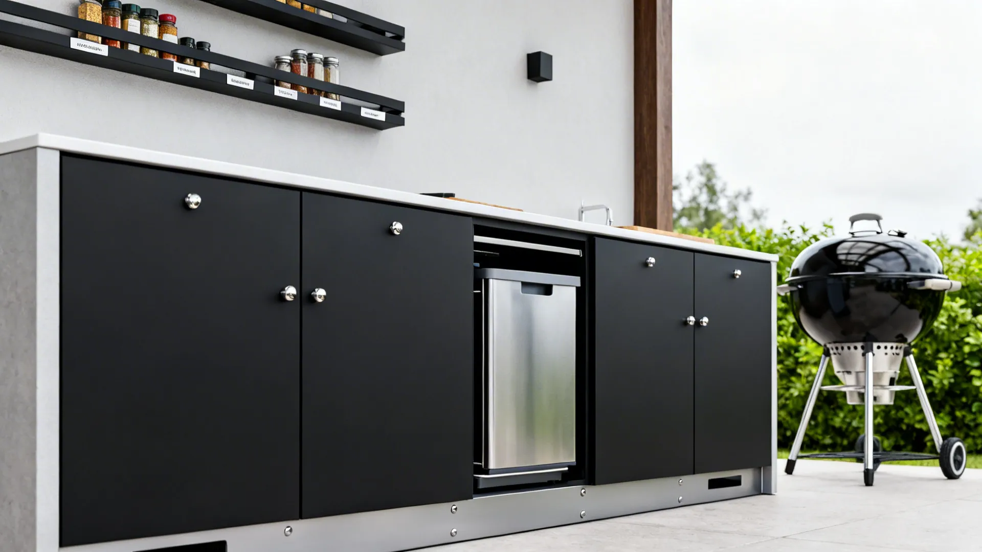 Minimalist weatherproof outdoor cabinets with slim shelves and labeled zones on a patio