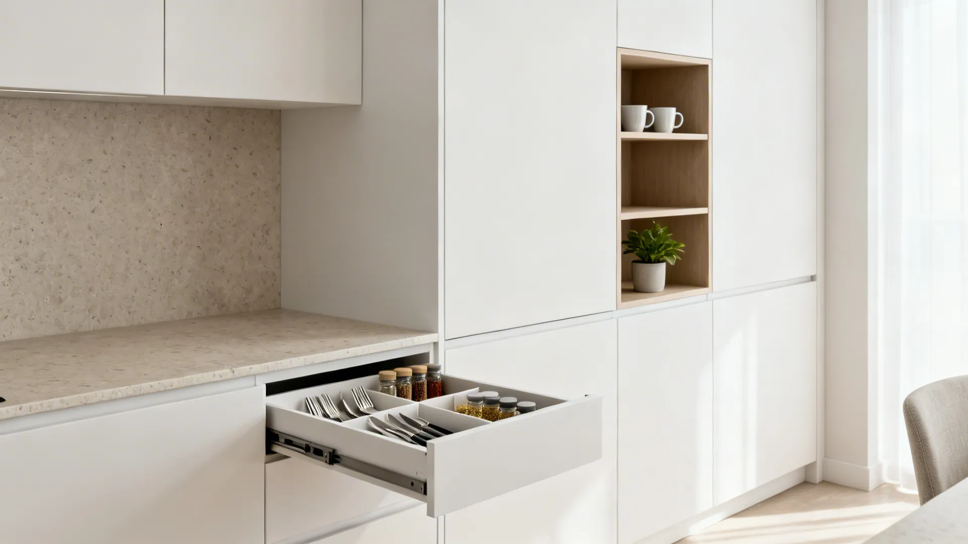 Minimalist white kitchen cabinet with an open drawer showing organized cutlery and small spice jars