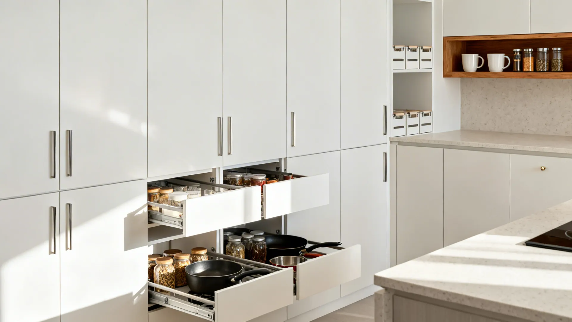 Full-height white cabinets with internal pull-outs and a single oak open shelf in a minimalist HDB kitchen.