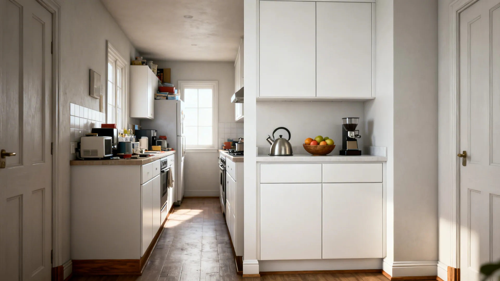 Before-and-after galley kitchen showing cluttered counters transformed into a clean minimalist setup.