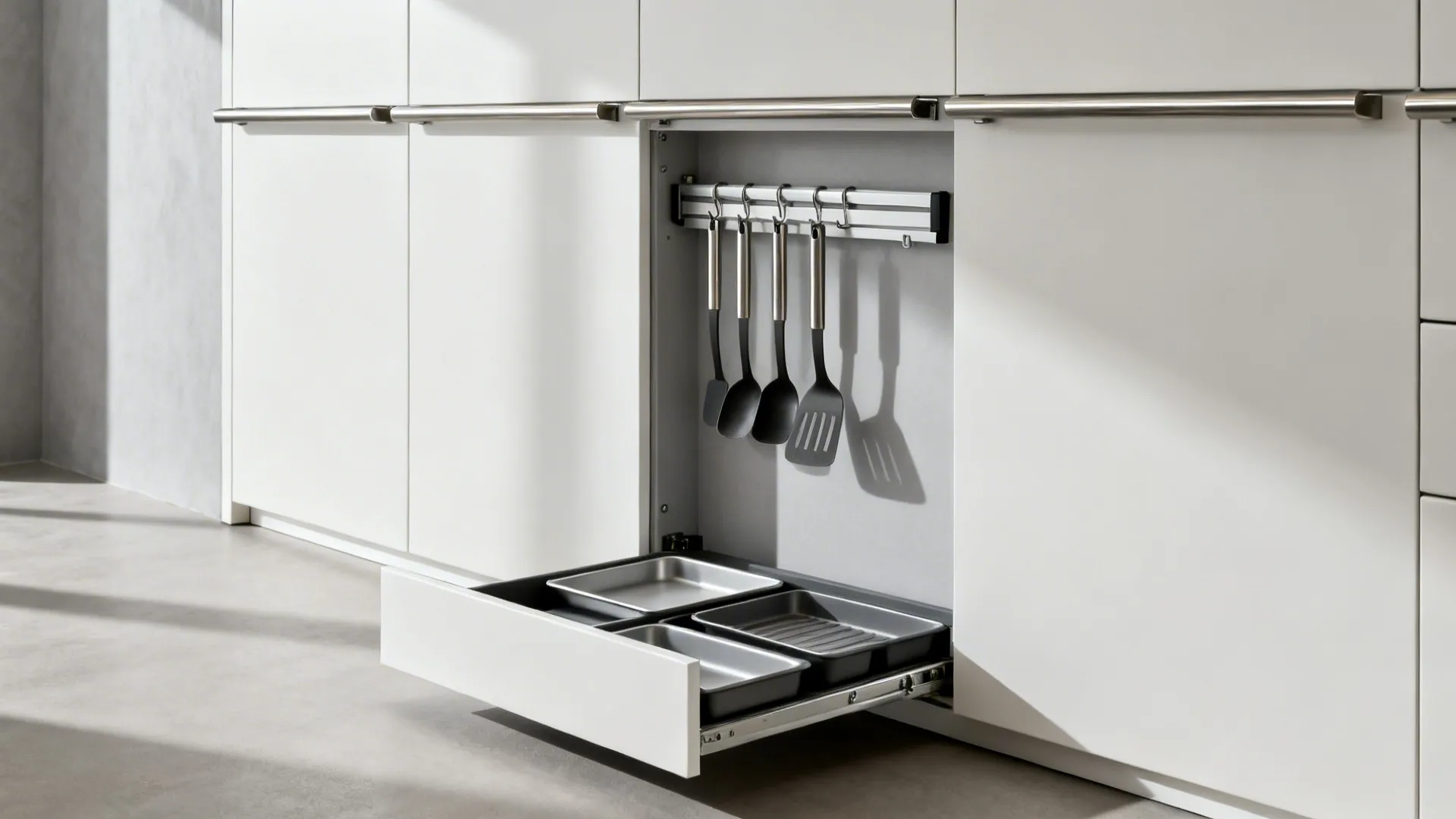 Close-up of handleless cabinets, open rail, and a toe-kick drawer organizing tools in a small kitchen.