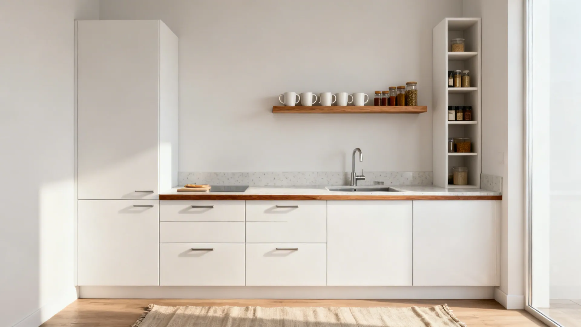 Minimalist small kitchen with matte white cabinets and a single floating oak shelf.