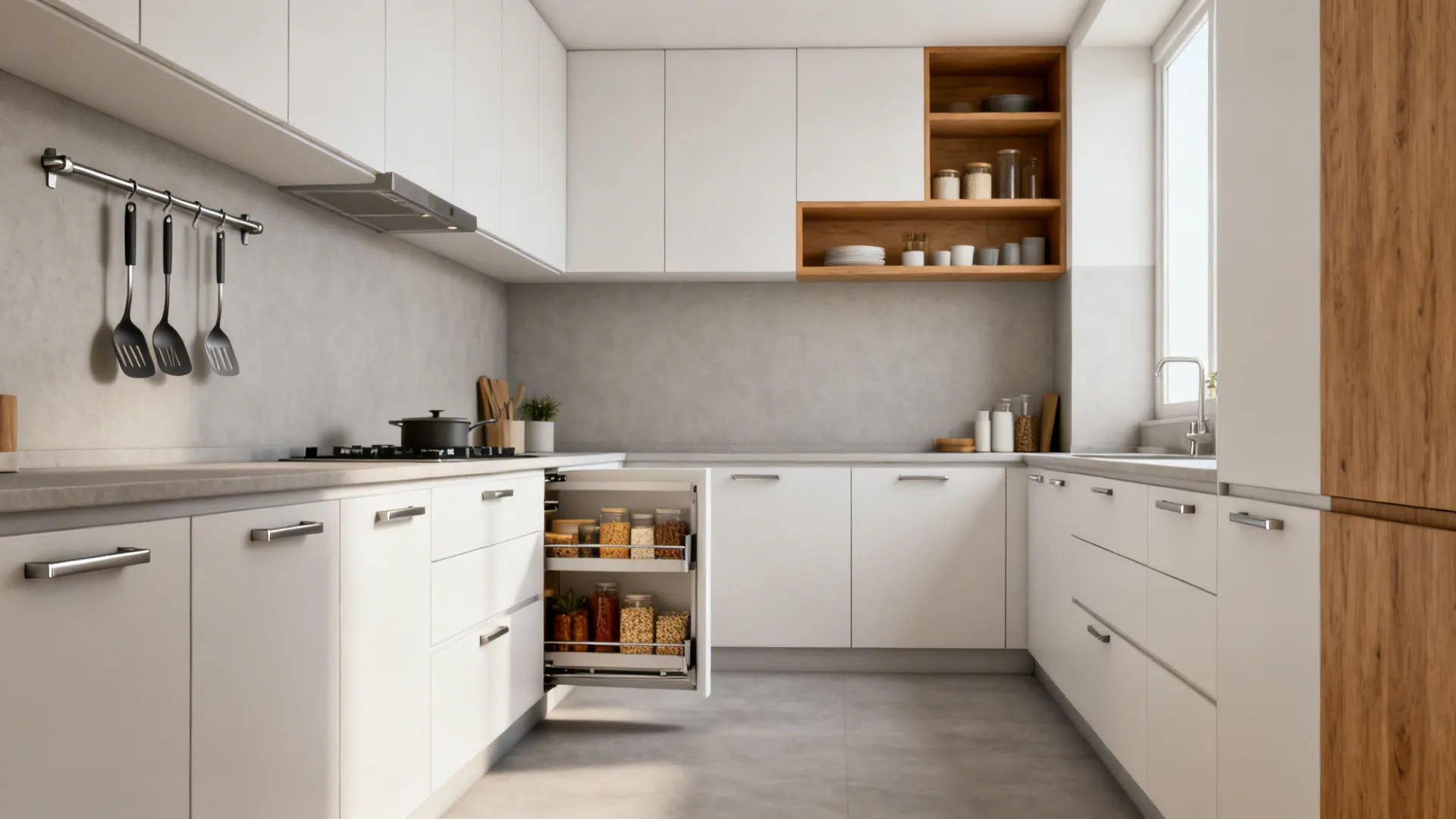 Minimalist galley kitchen with matte slab cabinets, a slim pull-out pantry, shallow uppers, and a tidy wall rail.