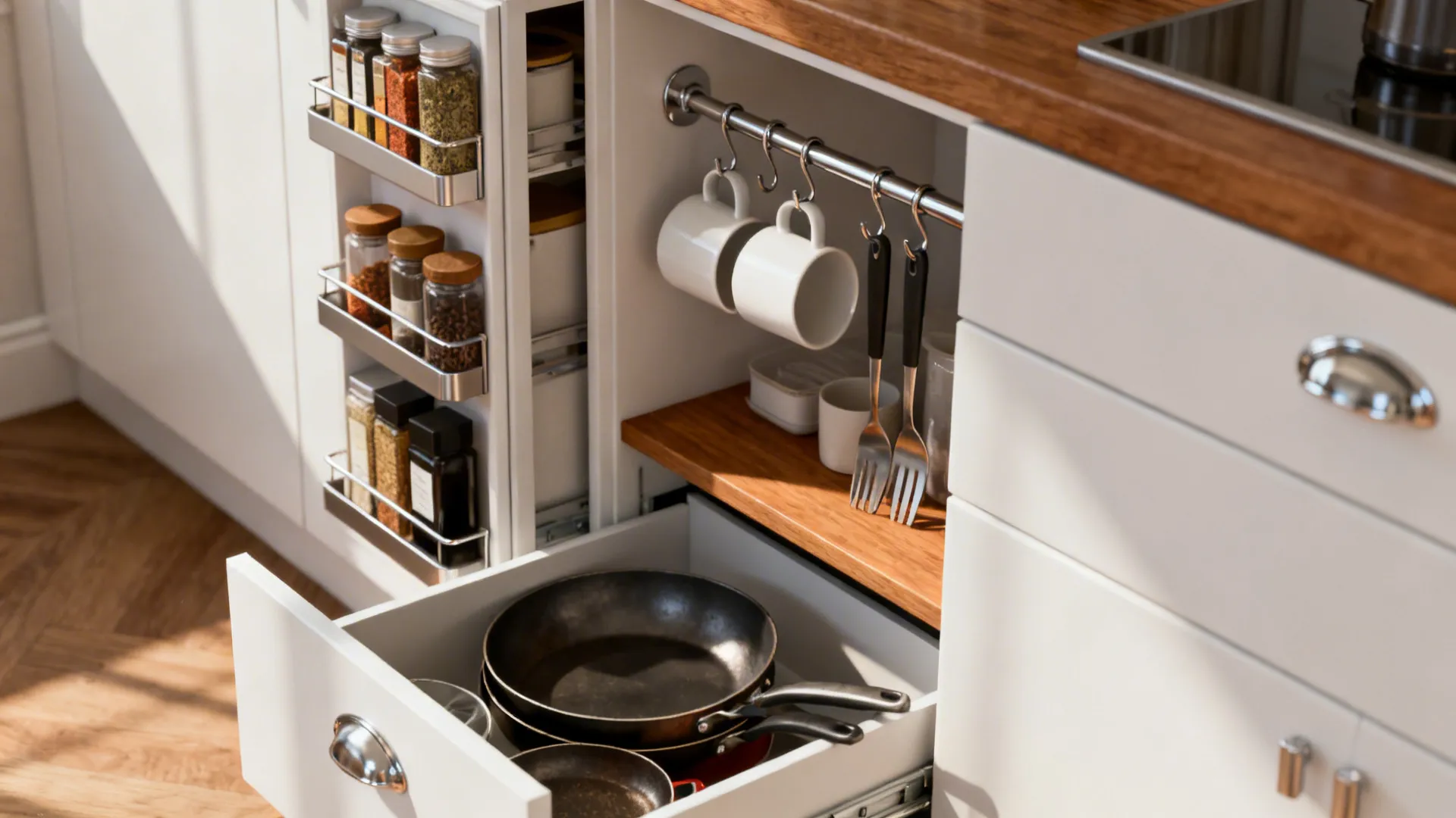 Close-up of a slim pull-out pantry, toe-kick drawer, and rail system in a small kitchen.