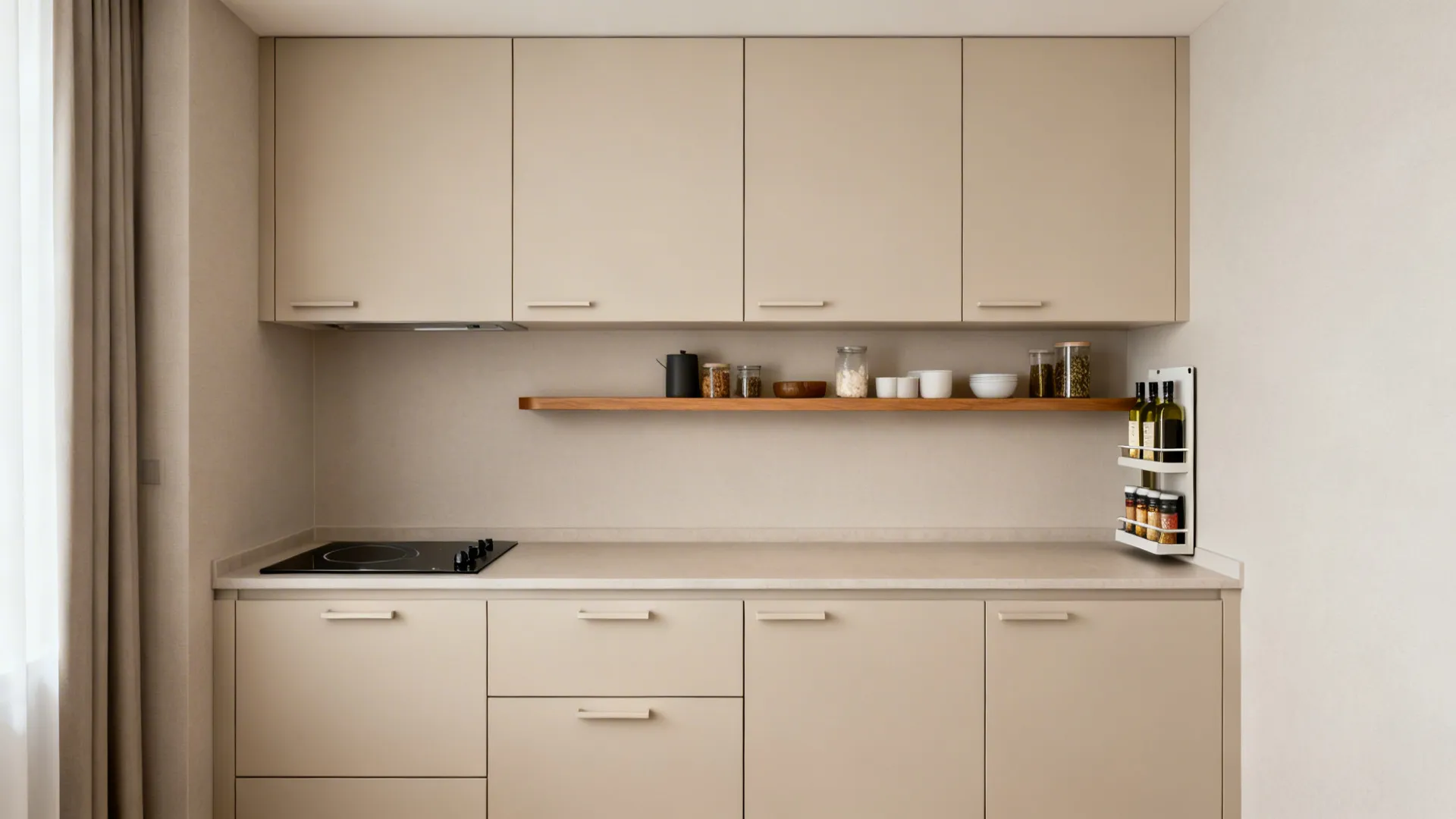 Minimalist hotel kitchenette with flat-front cabinets and a single open ledge.