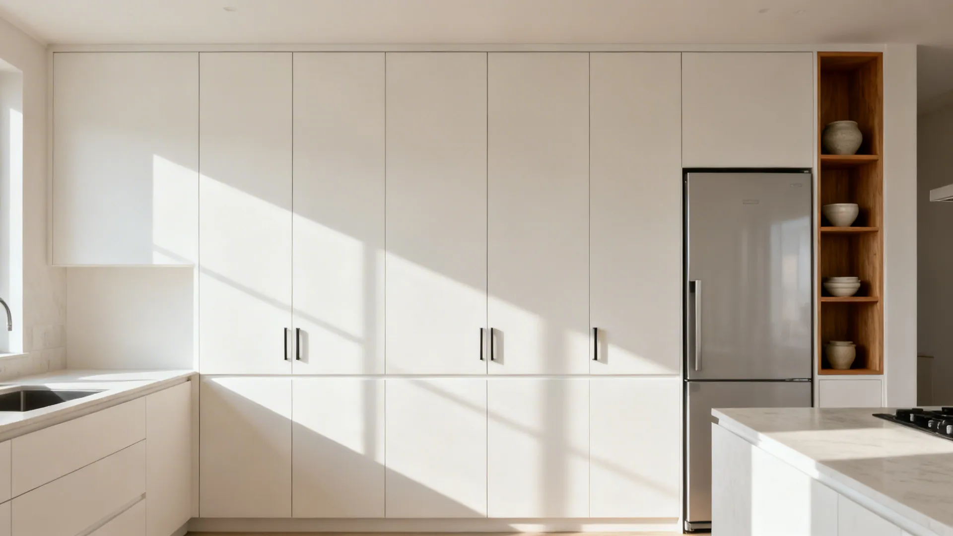 Minimalist white kitchen storage cabinets with silver refrigerator, wooden open shelves, and bright sunlight shadows