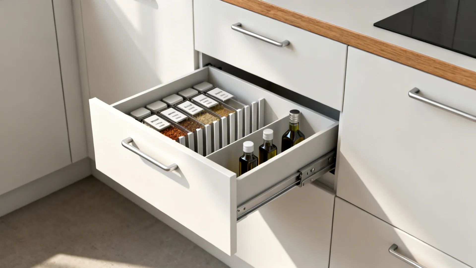 Macro view of minimalist matte white kitchen drawers with organized inserts and integrated pulls.