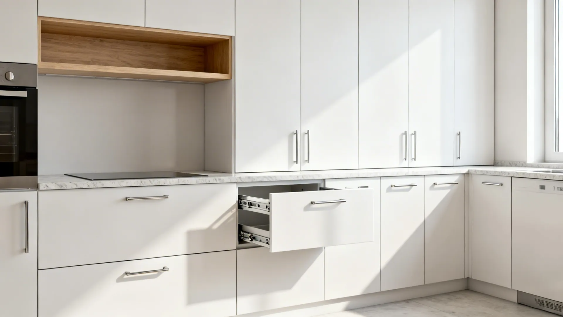 Slim full-height pantry pull-outs and a single open shelf in a small minimalist kitchen.