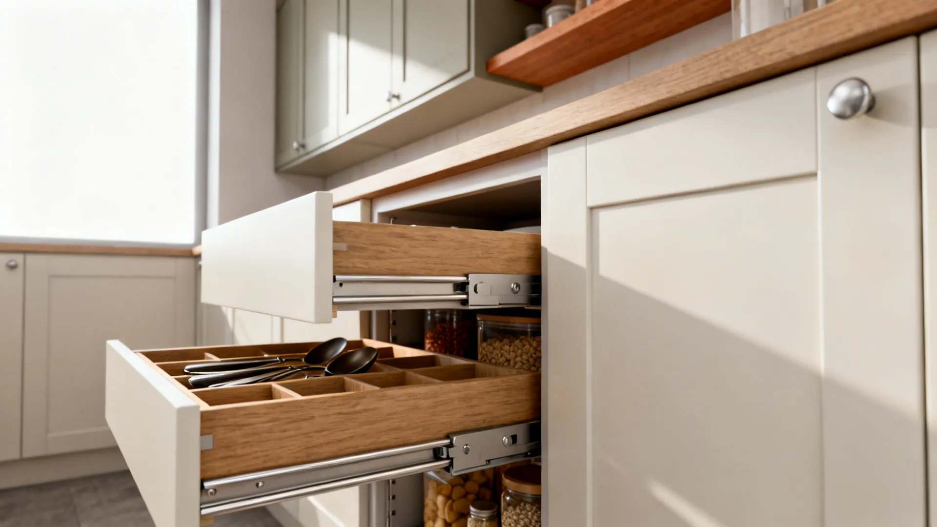 Macro of tiered kitchen drawer and pull-out pantry with integrated organizers in a slim shaker setup.