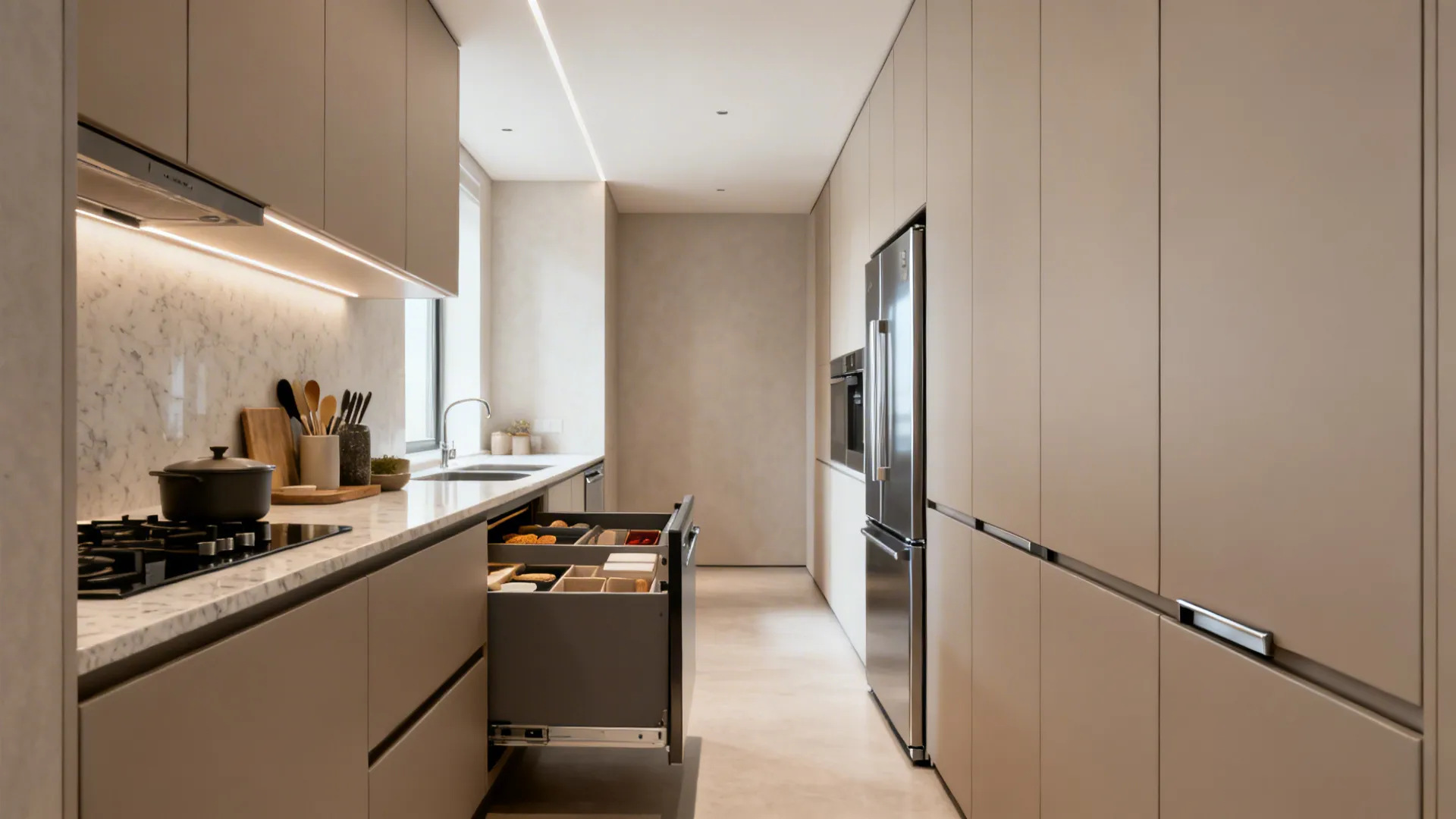Handleless full-height kitchen cabinets with push-to-open hardware create a calm, clutter-free galley.
